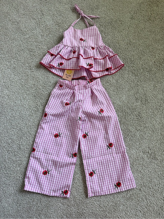 Mia Belle Girls Other - Mia Belle Girls Pink Gingham Rose Embroidered Matching Set